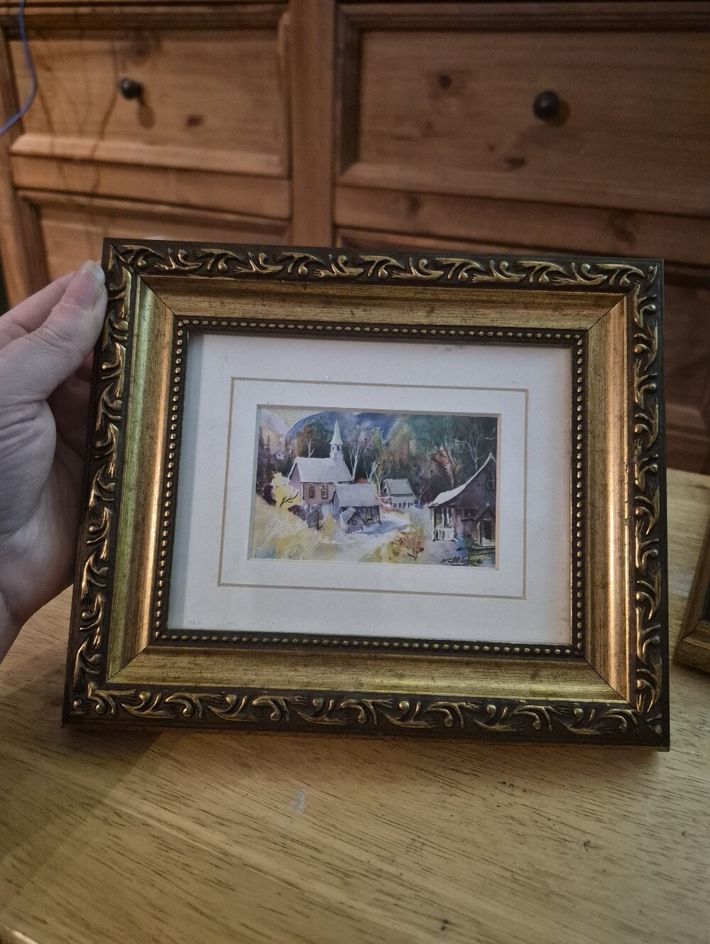 Vintage Quebec Winter Village Framed Art Ornate Gold Frame